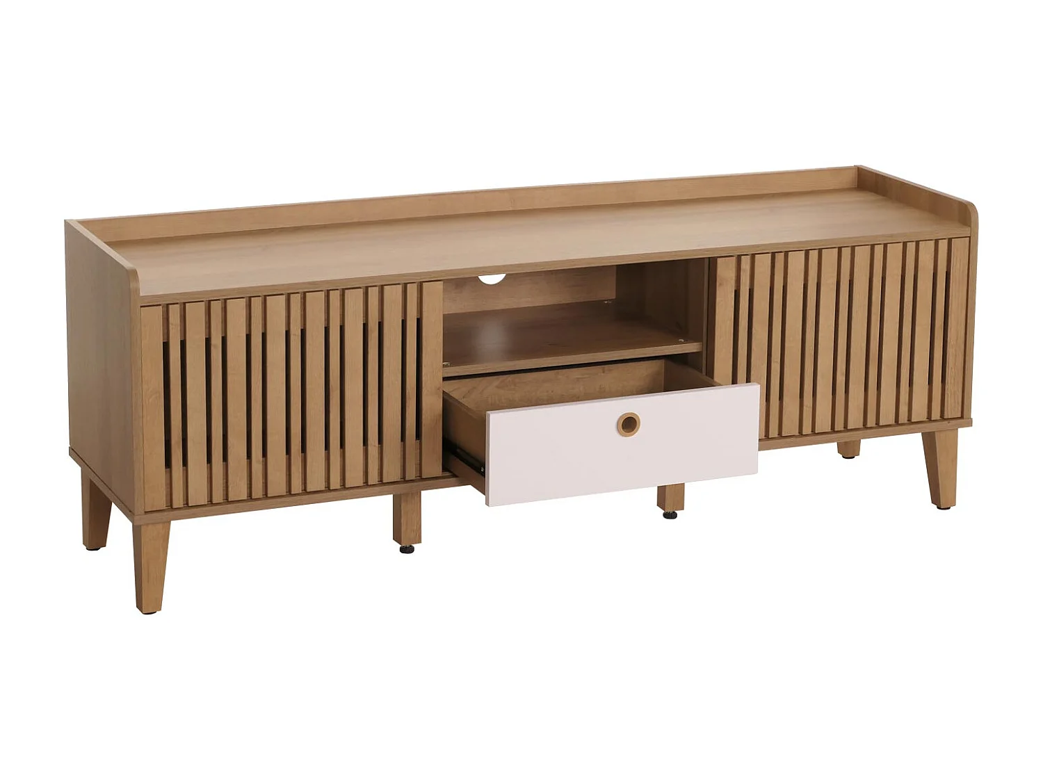 Meuble TV porte coulissante bois blanc 150 x 40 x 56 cm 04_0007870