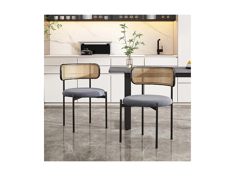 2 Pcs chaises en velours et rotin - pieds en métal - charge max 150kg - 45x40x75cm - Gris