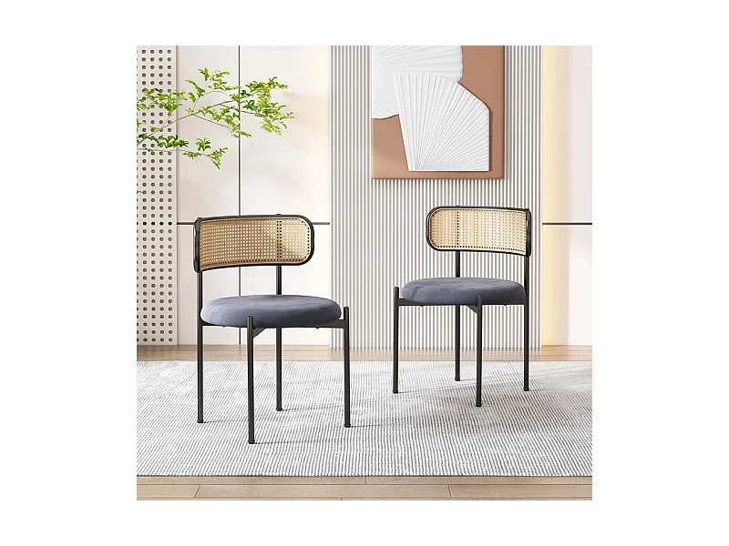 2 Pcs chaises en velours et rotin - pieds en métal - charge max 150kg - 45x40x75cm - Gris