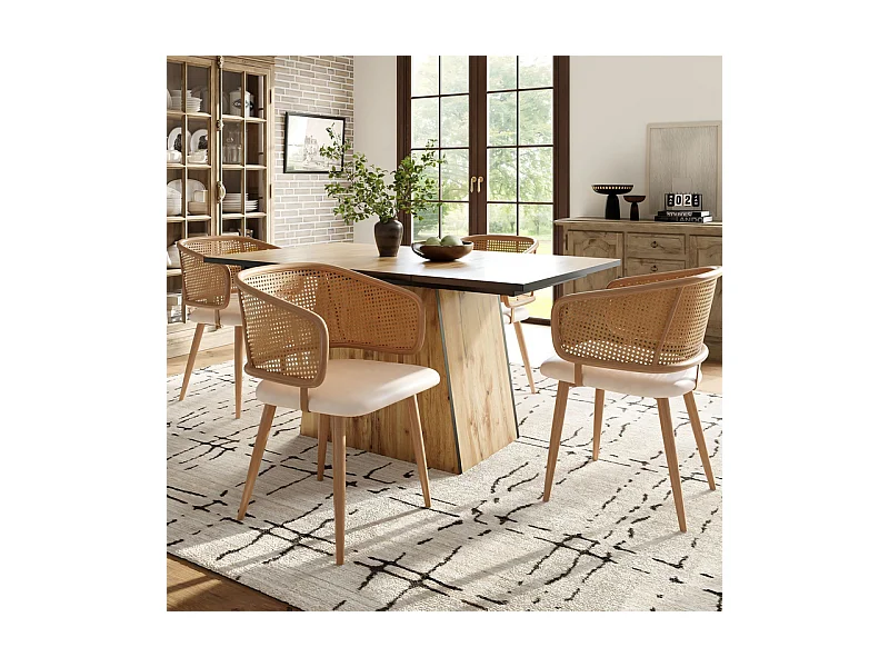 4 stoelen in PU-leer - Rieten rugleuning en metalen poten - Max. belasting 150 kg - 47x51x79 cm