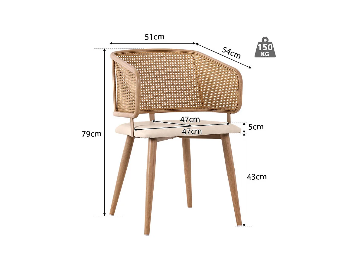 4 stoelen in PU-leer - Rieten rugleuning en metalen poten - Max. belasting 150 kg - 47x51x79 cm