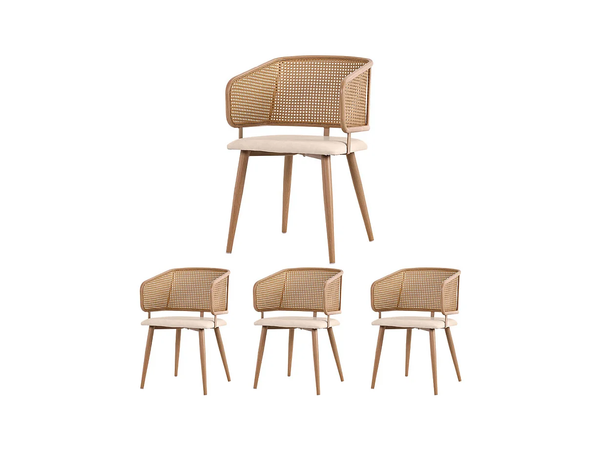 4 Pcs chaises en cuir PU - avec dossier en rotin et pieds en métal - charge max 150kg - 47x51x79cm