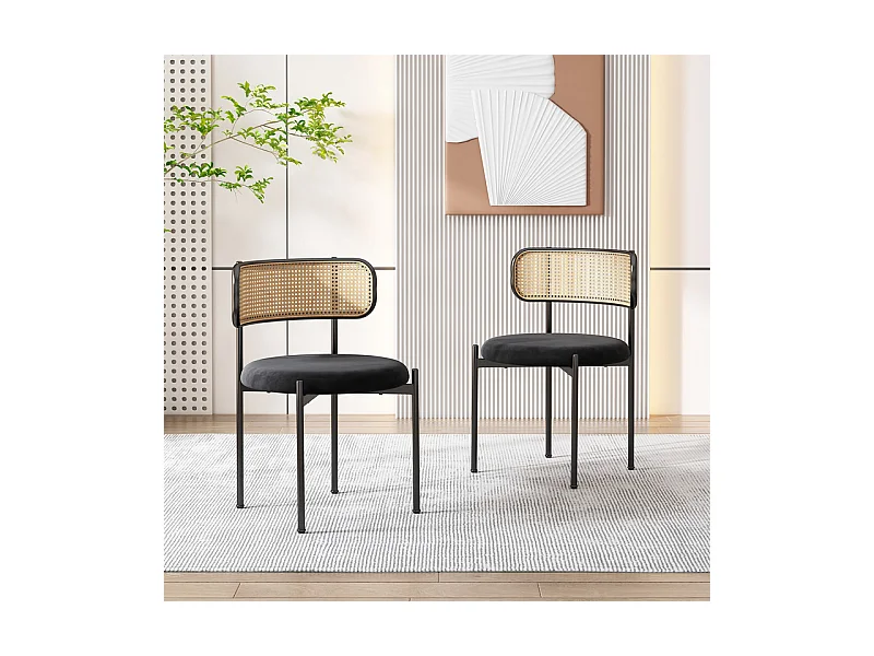 2 Pcs chaises en velours et rotin - pieds en métal - charge max 150kg - 45x40x75cm - Noir