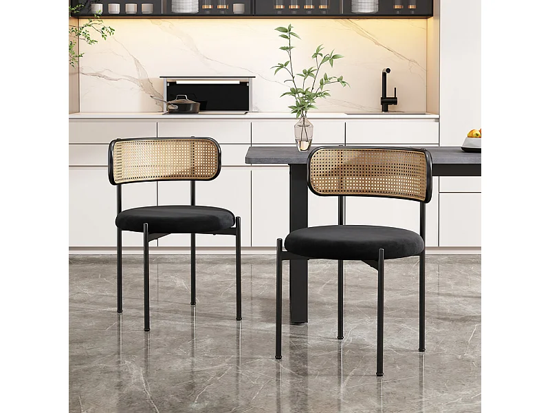 2 Pcs chaises en velours et rotin - pieds en métal - charge max 150kg - 45x40x75cm - Noir