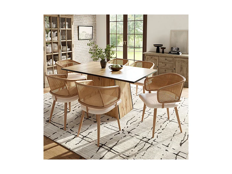 6 Pcs chaises en cuir PU - avec dossier en rotin et pieds en métal - charge max 150kg - 47x51x79cm