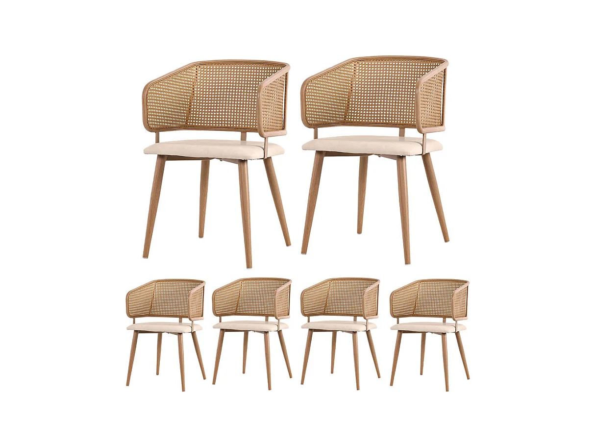 6 Pcs chaises en cuir PU - avec dossier en rotin et pieds en métal - charge max 150kg - 47x51x79cm