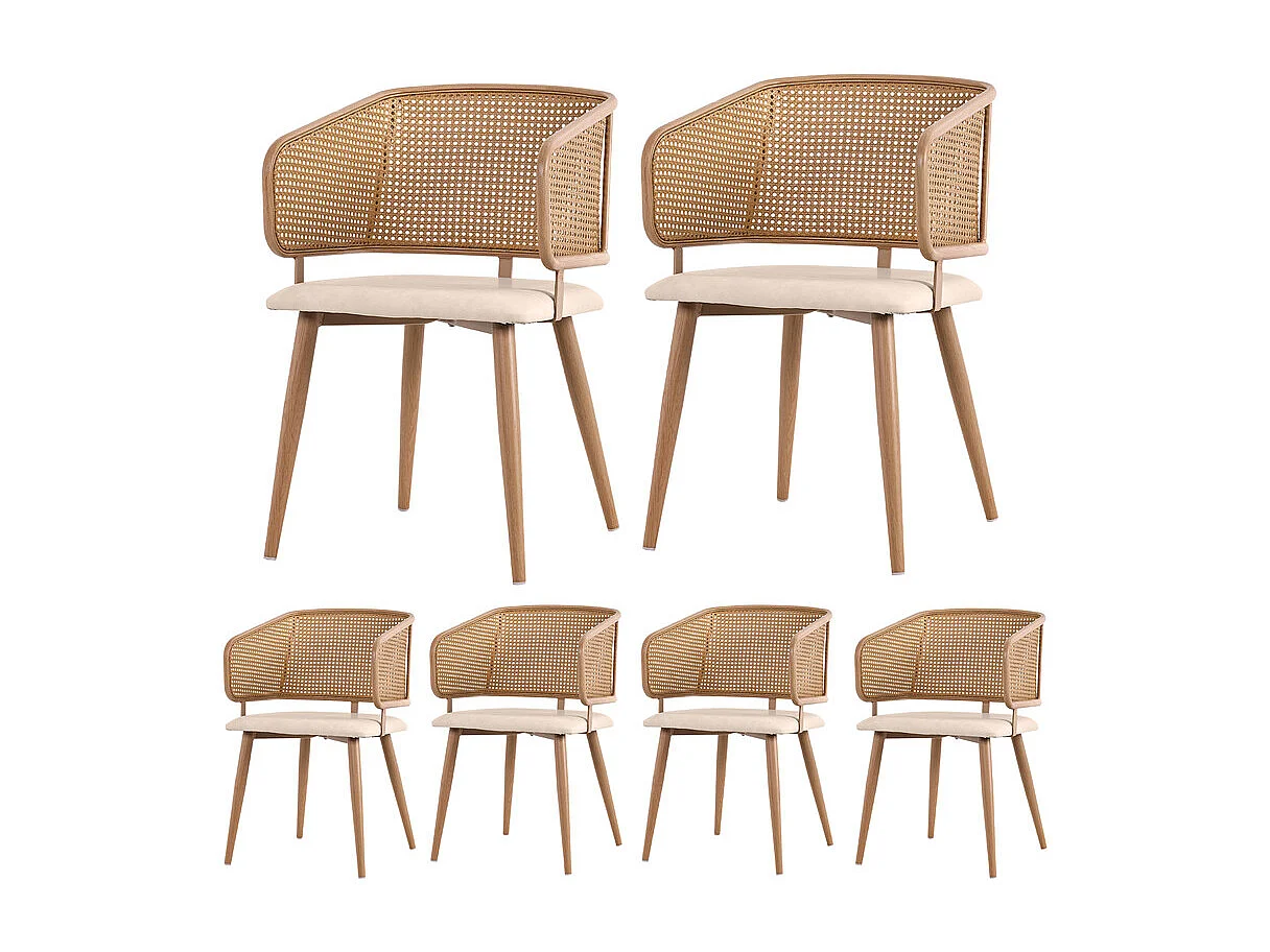 6 Pcs chaises en cuir PU - avec dossier en rotin et pieds en métal - charge max 150kg - 47x51x79cm