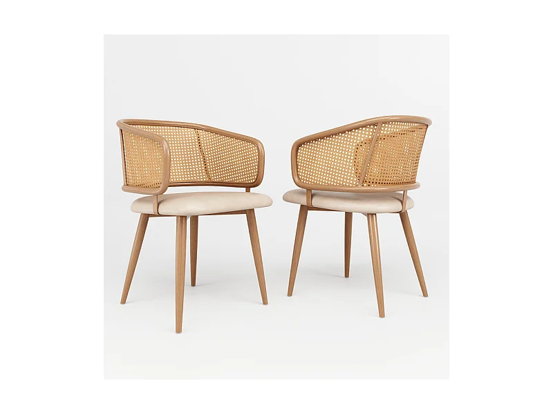 2 stoelen in PU-leer - Rieten rugleuning en metalen poten - Max. belasting 150 kg - 47x51x79 cm