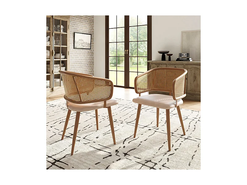 2 Pcs chaises en cuir PU - avec dossier en rotin et pieds en métal - charge max 150kg - 47x51x79cm