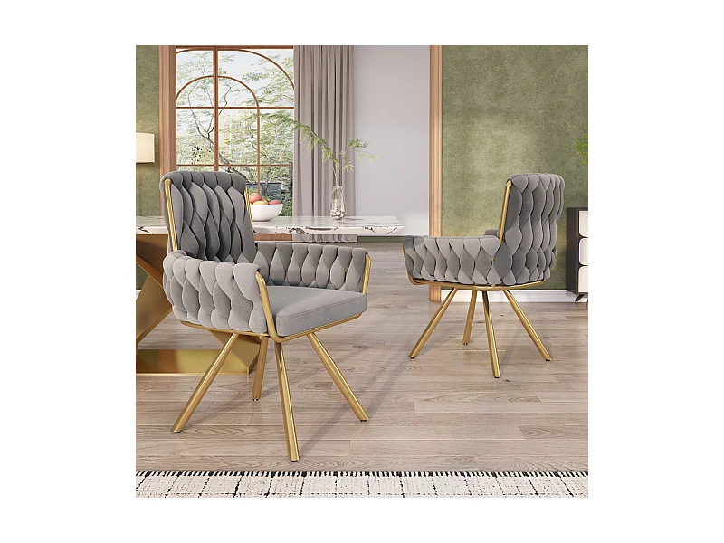 2Pcs Chaise pivotante en velours, avec accoudoirs et pieds en métal, dossier spacieux, Gris, 63x50x87cm