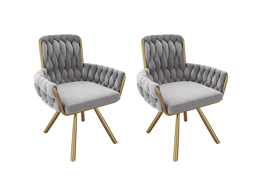 2Pcs Chaise pivotante en velours, avec accoudoirs et pieds en métal, dossier spacieux, Gris, 63x50x87cm