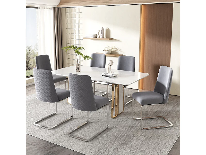 Lot de 6 chaises cantilever en velours et métal argenté, conception de diamant, charge max 150kg, 55x45x87cm, Gris