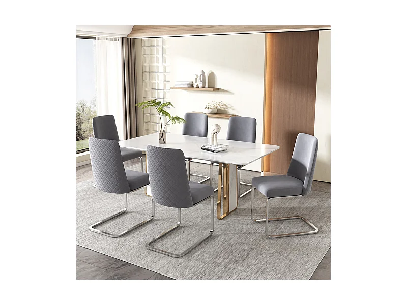 Lot de 6 chaises cantilever en velours et métal argenté, conception de diamant, charge max 150kg, 55x45x87cm, Gris