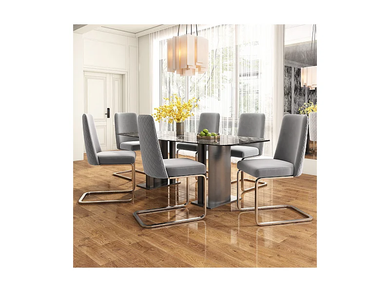 Lot de 6 chaises cantilever en velours et métal argenté, conception de diamant, charge max 150kg, 55x45x87cm, Gris