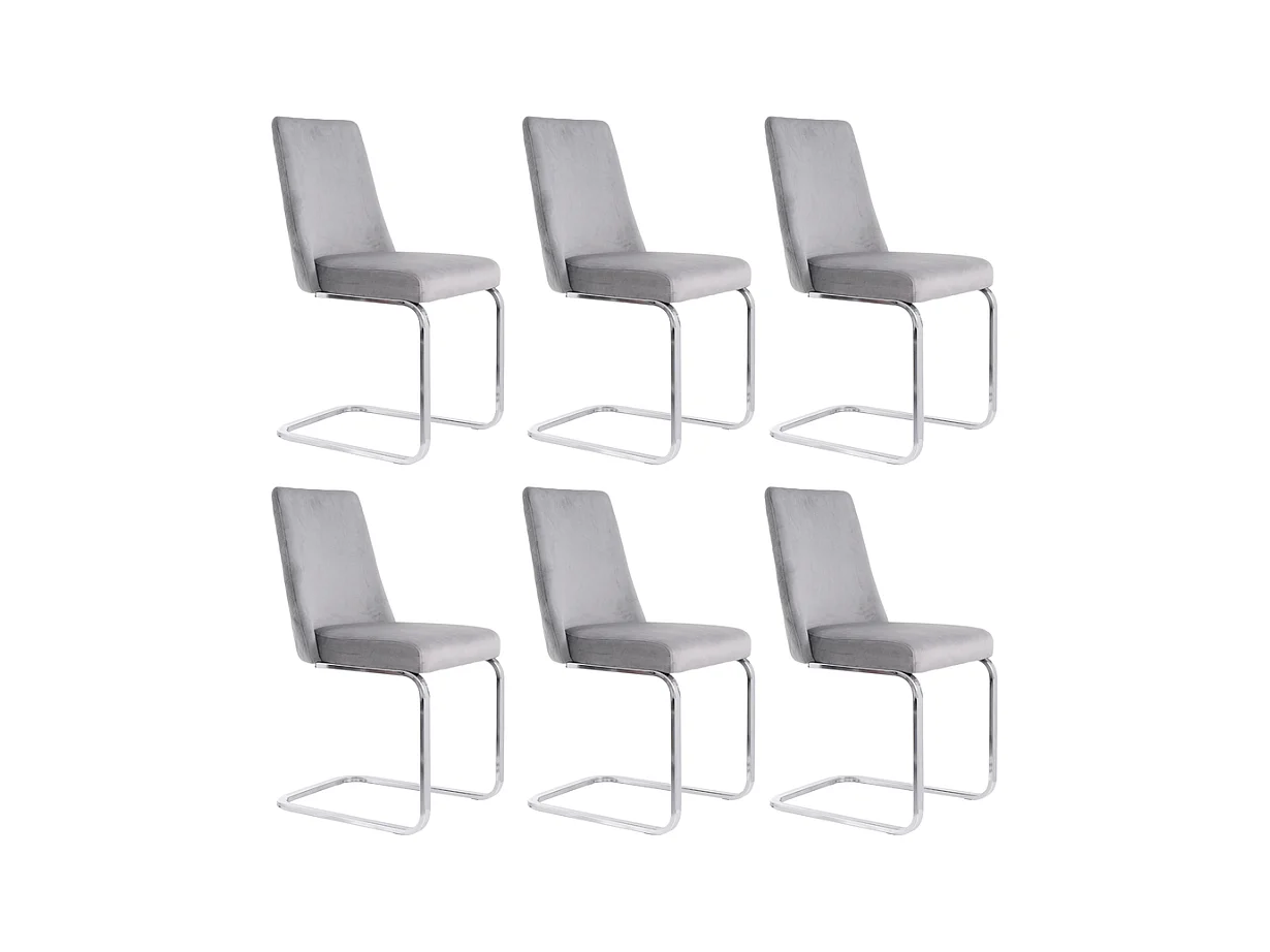 Lot de 6 chaises cantilever en velours et métal argenté, conception de diamant, charge max 150kg, 55x45x87cm, Gris