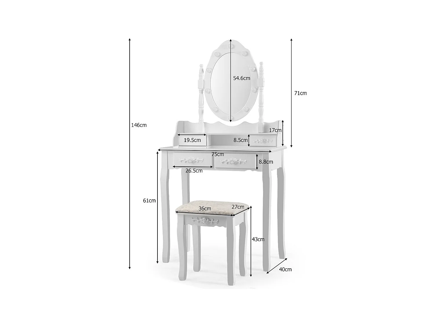 Coiffeuse table de maquillage blanche 75 x 40 x 146 cm 20_0000482
