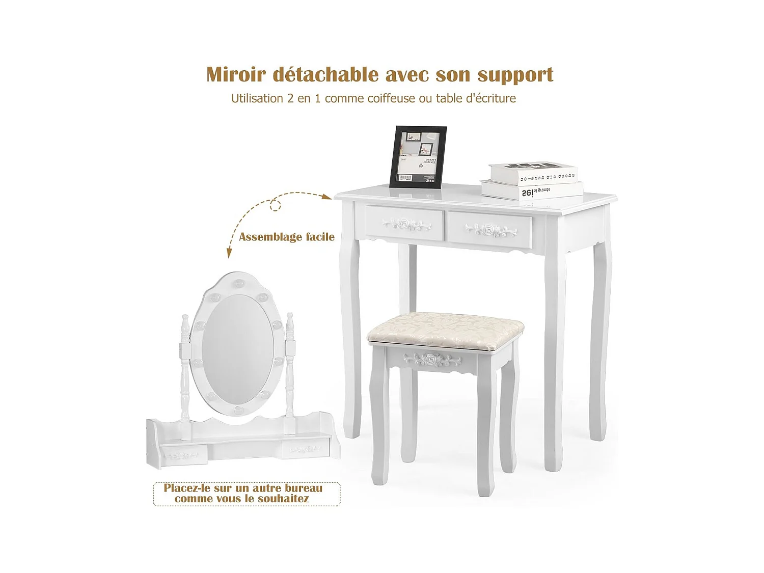 Coiffeuse table de maquillage blanche 75 x 40 x 146 cm 20_0000482