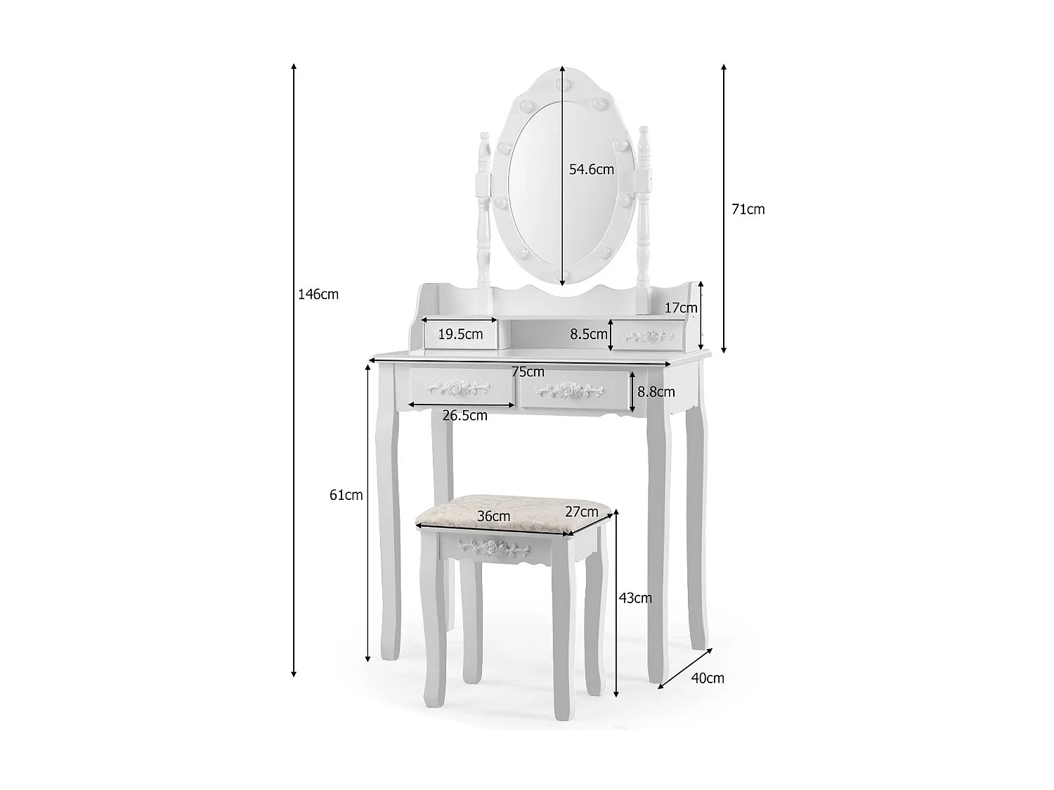 Coiffeuse table de maquillage blanche 75 x 40 x 146 cm 20_0000482