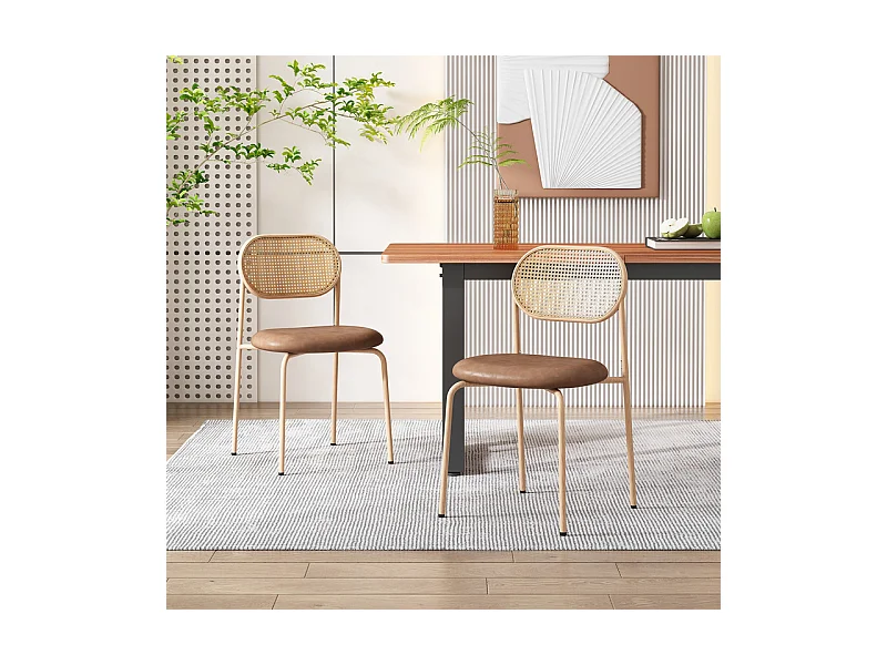 Set van 2 stoelen in PU en rotan - Metalen poten - Ergonomisch - Maximale belasting 150 kg - 46×48×80 cm - Bruin