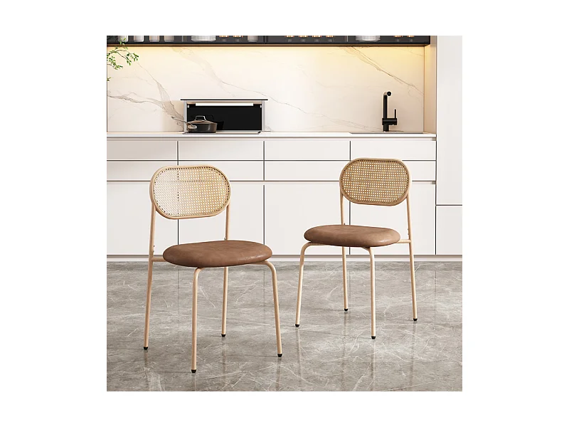 Set van 2 stoelen in PU en rotan - Metalen poten - Ergonomisch - Maximale belasting 150 kg - 46×48×80 cm - Bruin