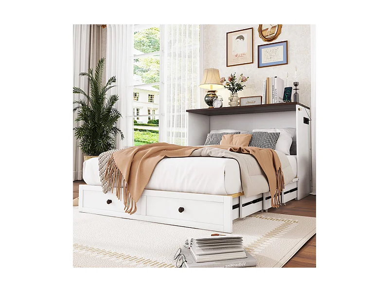 Lit escamotable 140 x 200 cm, avec tiroir, USB et prise, Pin + MDF, charge max 204kg - Blanc