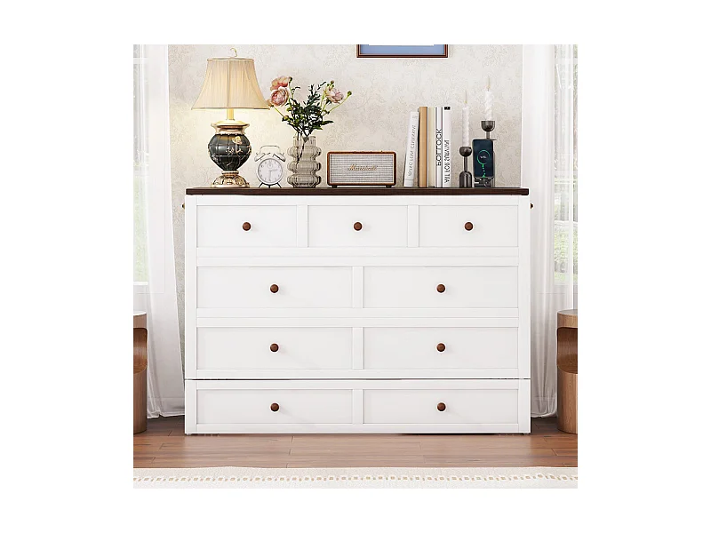 Lit escamotable 140 x 200 cm, avec tiroir, USB et prise, Pin + MDF, charge max 204kg - Blanc