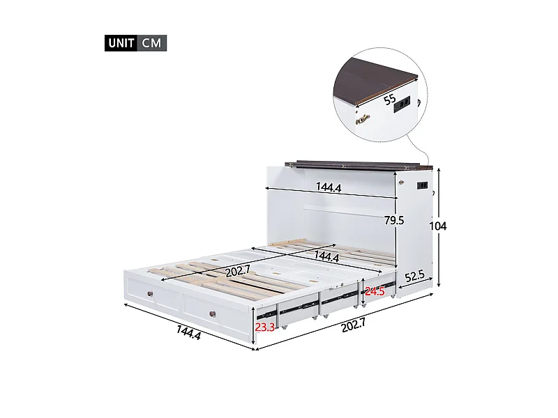 Lit escamotable 140 x 200 cm, avec tiroir, USB et prise, Pin + MDF, charge max 204kg - Blanc