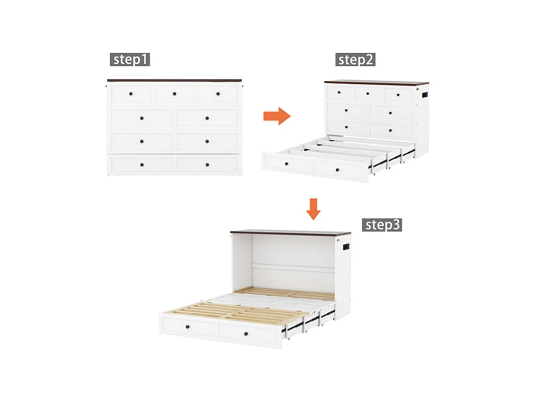 Lit escamotable 140 x 200 cm, avec tiroir, USB et prise, Pin + MDF, charge max 204kg - Blanc