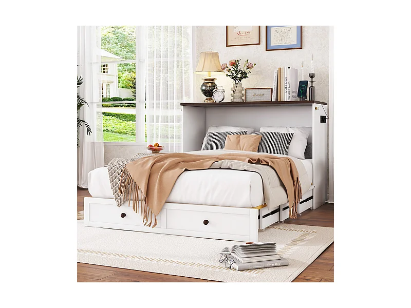 Lit escamotable 140 x 200 cm, avec tiroir, USB et prise, Pin + MDF, charge max 204kg - Blanc