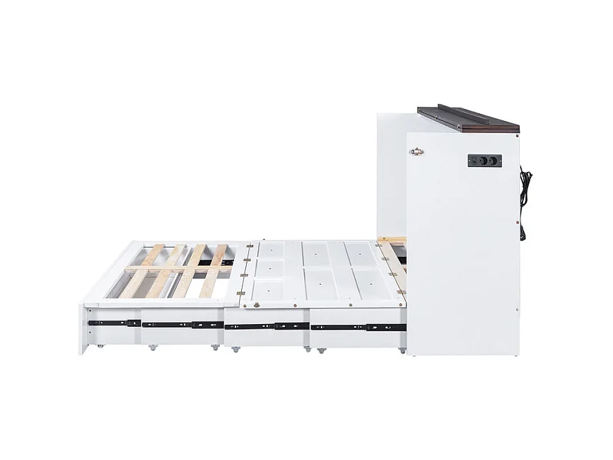 Lit escamotable 140 x 200 cm, avec tiroir, USB et prise, Pin + MDF, charge max 204kg - Blanc