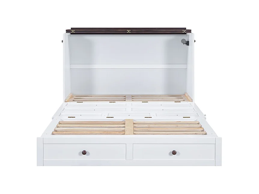 Lit escamotable 140 x 200 cm, avec tiroir, USB et prise, Pin + MDF, charge max 204kg - Blanc