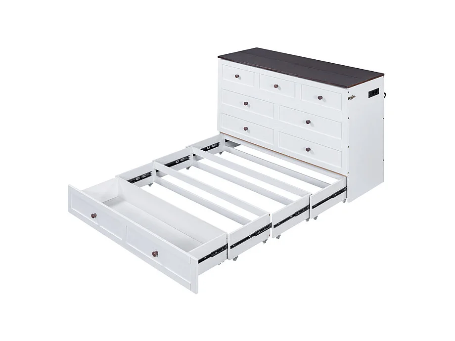 Lit escamotable 140 x 200 cm, avec tiroir, USB et prise, Pin + MDF, charge max 204kg - Blanc