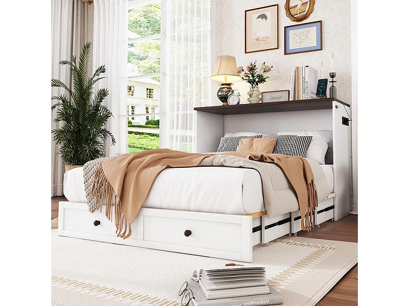 Lit escamotable 140 x 200 cm, avec tiroir, USB et prise, Pin + MDF, charge max 204kg - Blanc