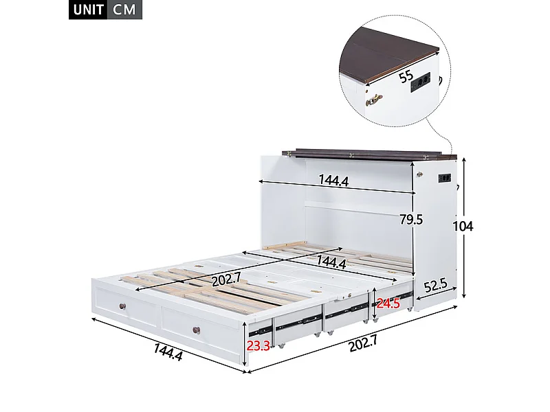 Lit escamotable 140 x 200 cm, avec tiroir, USB et prise, Pin + MDF, charge max 204kg - Blanc