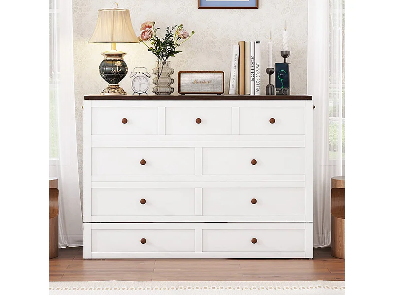 Lit escamotable 140 x 200 cm, avec tiroir, USB et prise, Pin + MDF, charge max 204kg - Blanc