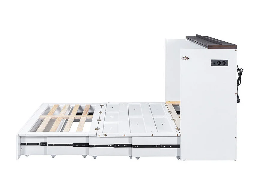 Lit escamotable 140 x 200 cm, avec tiroir, USB et prise, Pin + MDF, charge max 204kg - Blanc