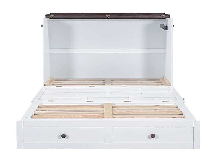 Lit escamotable 140 x 200 cm, avec tiroir, USB et prise, Pin + MDF, charge max 204kg - Blanc