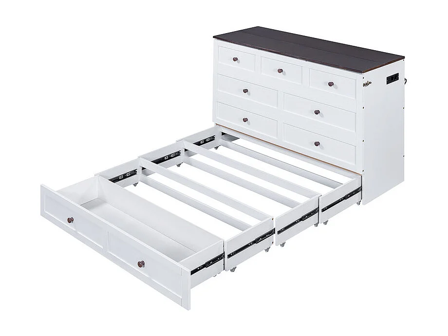 Lit escamotable 140 x 200 cm, avec tiroir, USB et prise, Pin + MDF, charge max 204kg - Blanc