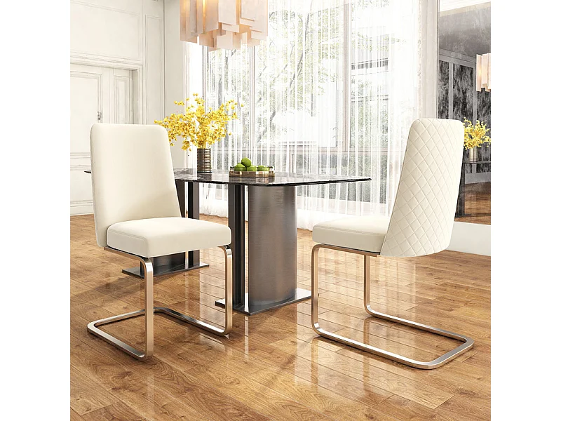 2 sillas cantilever en terciopelo y metal plateado - Diseño diamante - Carga máx. 150 kg - 55x45x87 cm - Beige