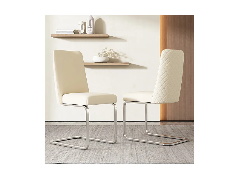 Lot de 2 chaises cantilever en velours et métal argenté, conception de diamant, charge max 150kg, 55x45x87cm, Beige