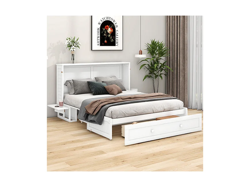 Lit escamotable 140 x 200 cm, avec tiroirs et 2 étagères , Pin + MDF, charge max 204kg - Blanc