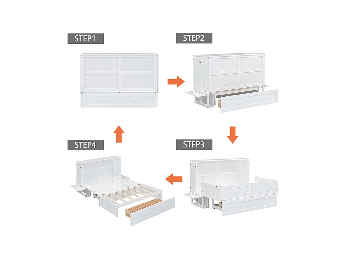 Lit escamotable 140 x 200 cm, avec tiroirs et 2 étagères , Pin + MDF, charge max 204kg - Blanc