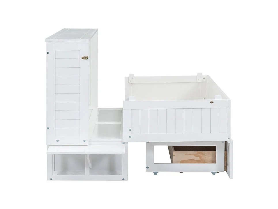 Lit escamotable 140 x 200 cm, avec tiroirs et 2 étagères , Pin + MDF, charge max 204kg - Blanc