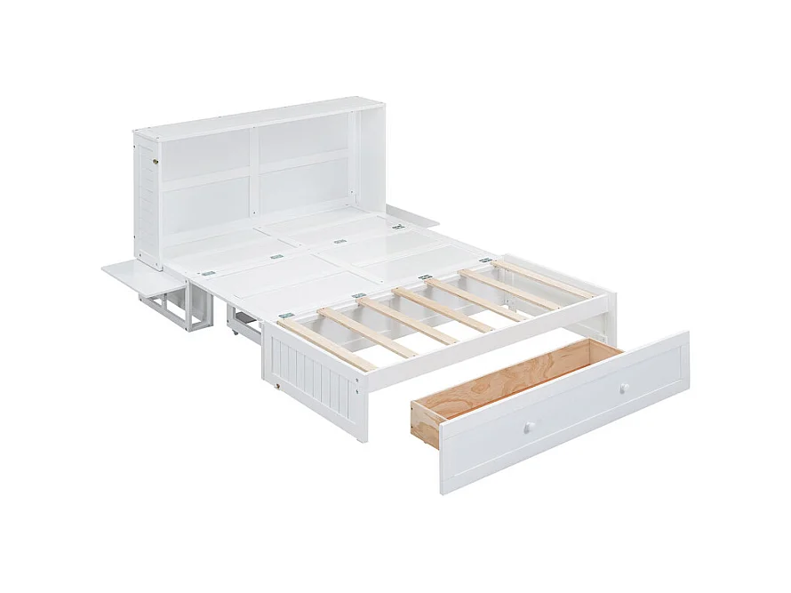 Lit escamotable 140 x 200 cm, avec tiroirs et 2 étagères , Pin + MDF, charge max 204kg - Blanc