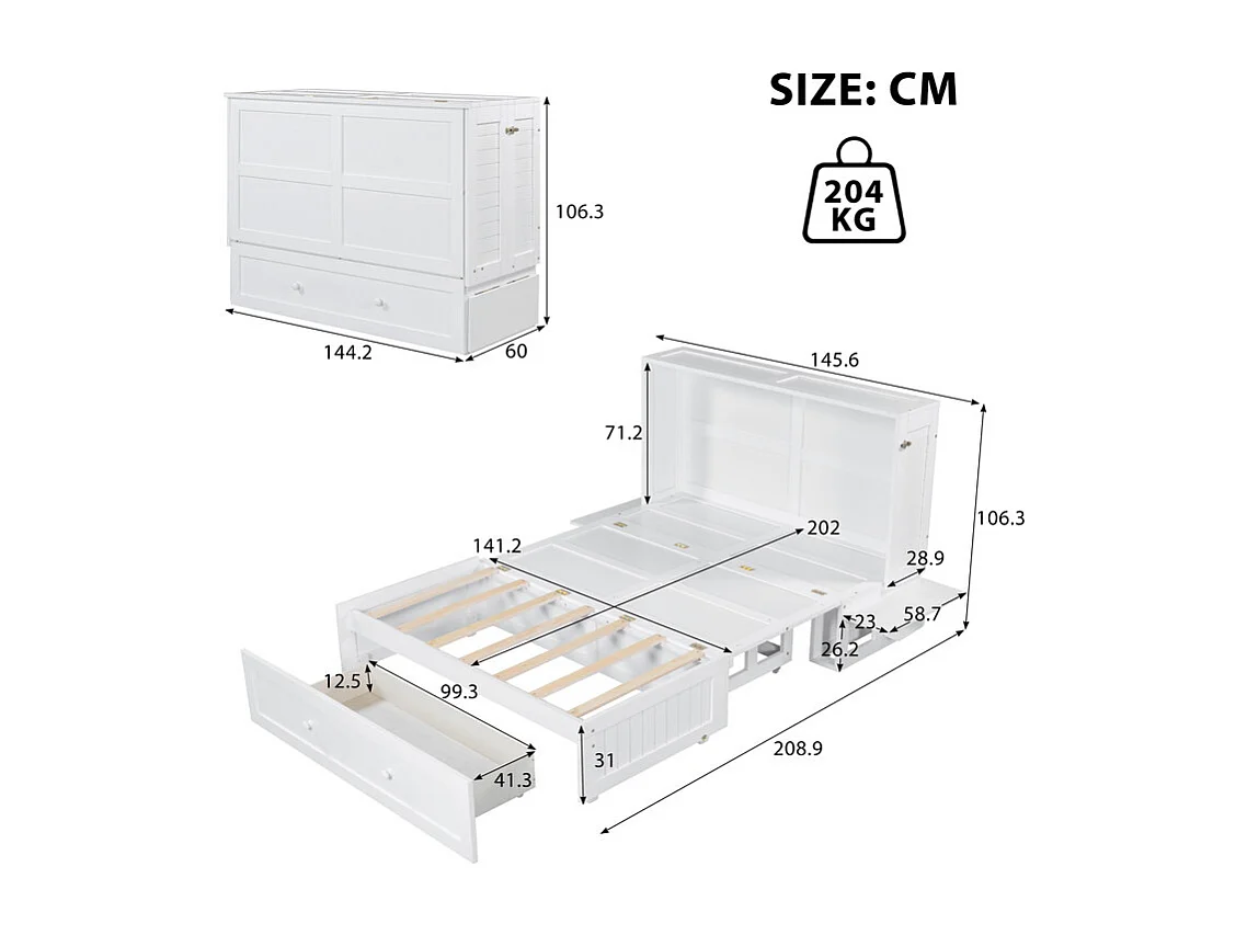 Lit escamotable 140 x 200 cm, avec tiroirs et 2 étagères , Pin + MDF, charge max 204kg - Blanc