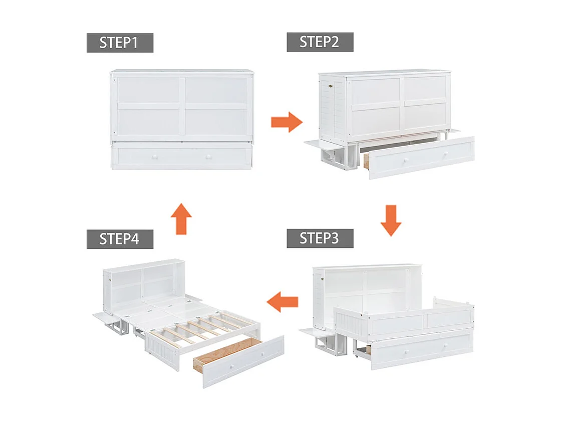 Lit escamotable 140 x 200 cm, avec tiroirs et 2 étagères , Pin + MDF, charge max 204kg - Blanc
