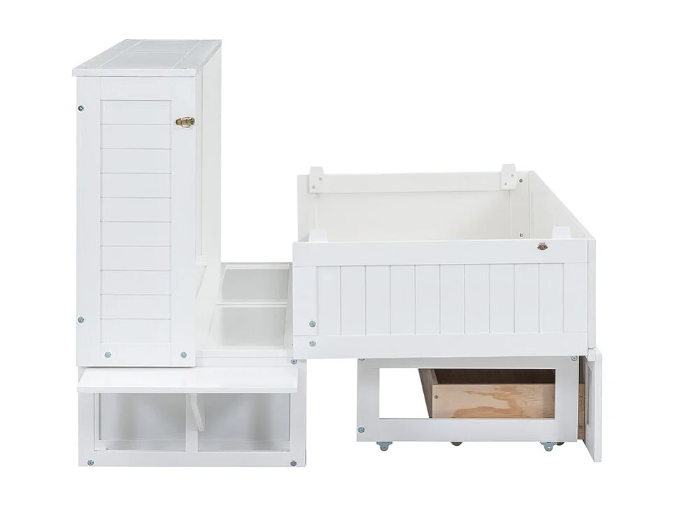 Lit escamotable 140 x 200 cm, avec tiroirs et 2 étagères , Pin + MDF, charge max 204kg - Blanc