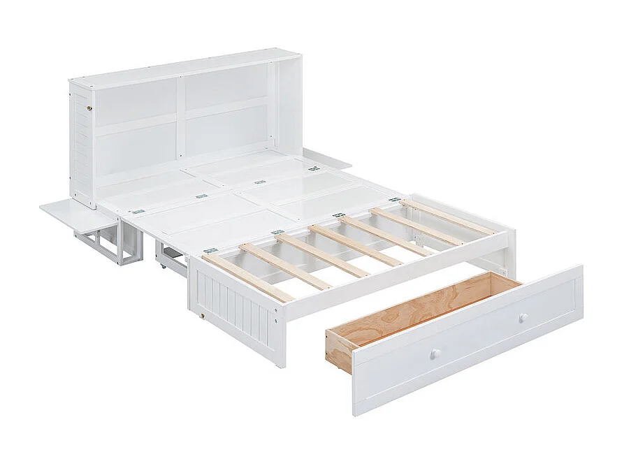 Lit escamotable 140 x 200 cm, avec tiroirs et 2 étagères , Pin + MDF, charge max 204kg - Blanc