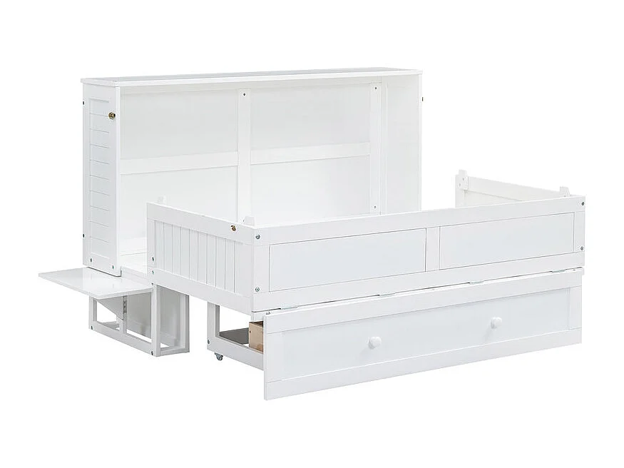 Lit escamotable 140 x 200 cm, avec tiroirs et 2 étagères , Pin + MDF, charge max 204kg - Blanc