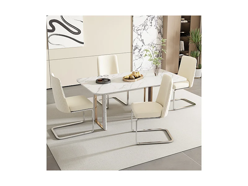 Lot de 4 chaises cantilever en velours et métal argenté, conception de diamant, charge max 150kg, 55x45x87cm, Beige